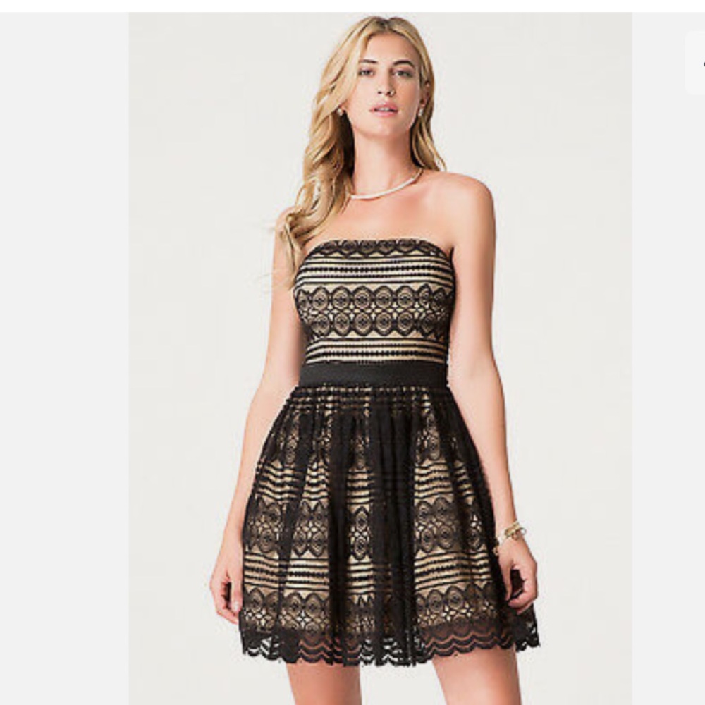 Bebe Black Beige Lace Strapples Bustier Flare Sexy Top Dress